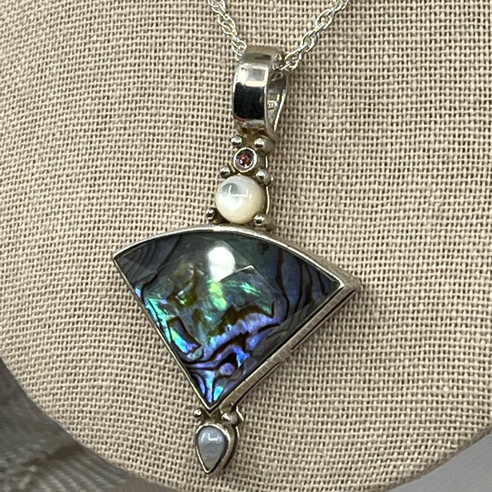 ✨ Abalone Shell & Gemstone Pendant – Sterling Silver Vintage Design - Picture 4 of 17